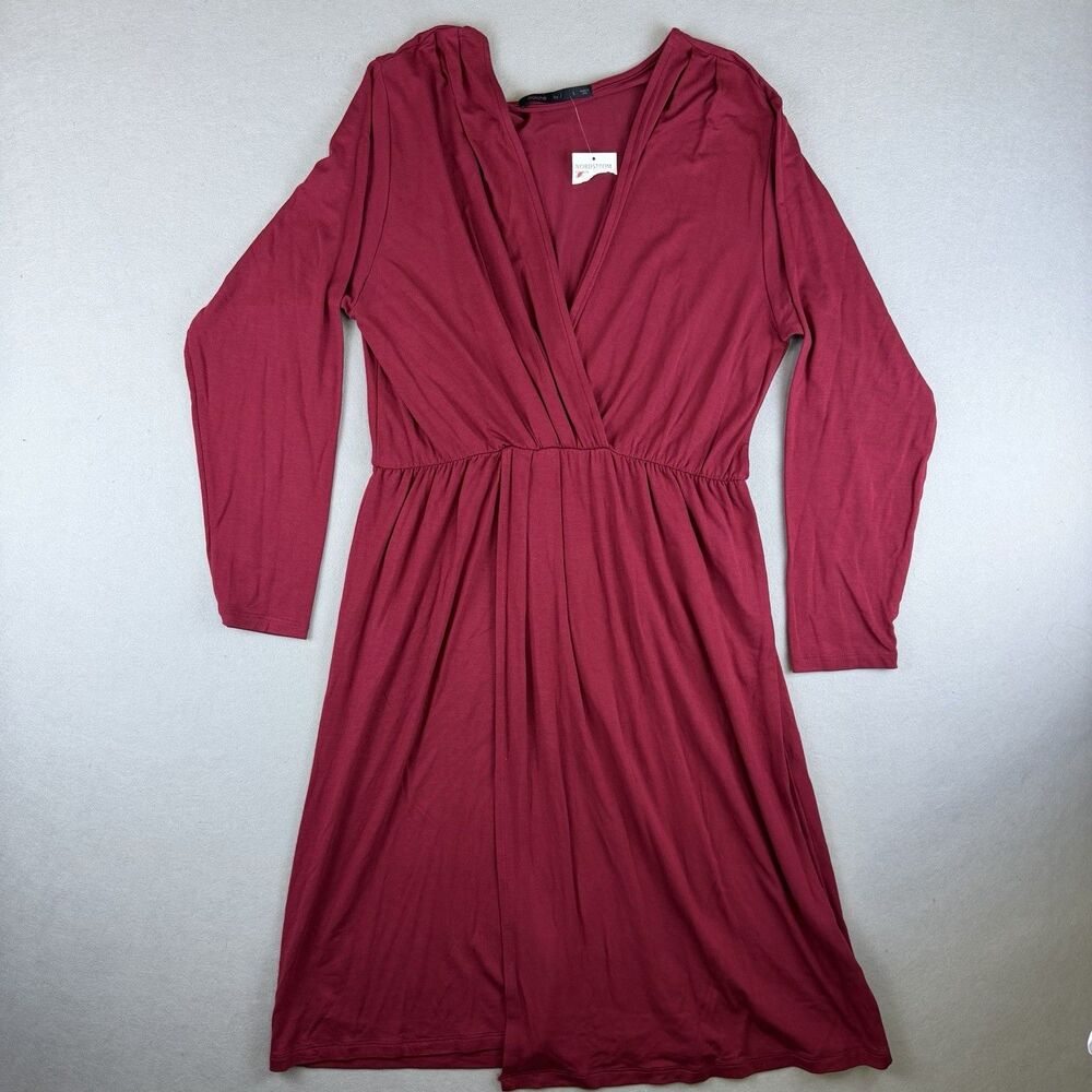 Fraiche by J Dress Womens Large Burgundy Red Long Sleeve Faux Wrap Stretch USA